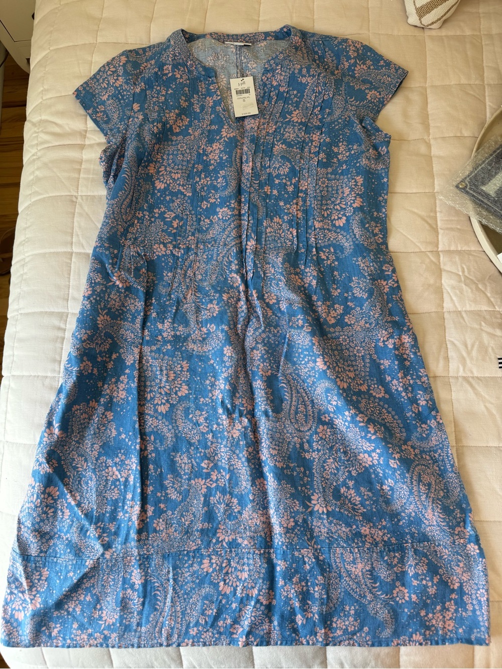 J. Jill Blue Linen Dress with Pink Floral Print
